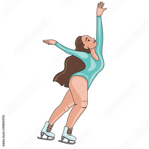 A solo female figure skater in a teal outfit performing a graceful pose on ice vector illustration. Her arms are extended upward with elegance, showcasing poise, balance, and artistry.