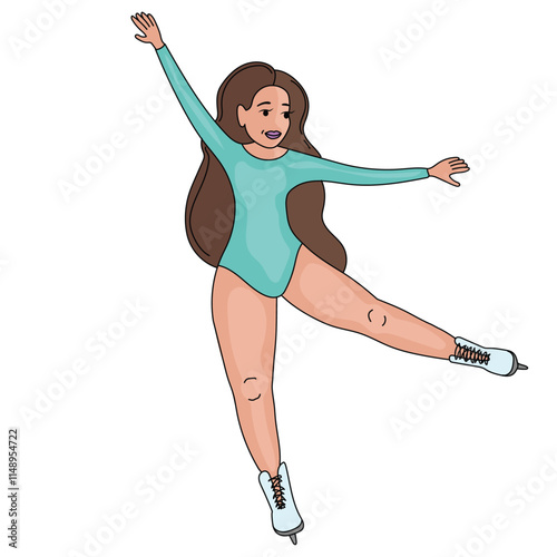 Solo female figure skater in a teal outfit performing a graceful pose on ice vector illustration. Her arms are extended upward with elegance, showcasing poise, balance, and artistry.