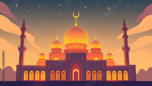 Wallpaper Mural Mosque Under a Starry Sky: An illustration of a majestic mosque bathed in the warm glow of a sunset, with a crescent moon and twinkling stars illuminating the night sky. Torontodigital.ca