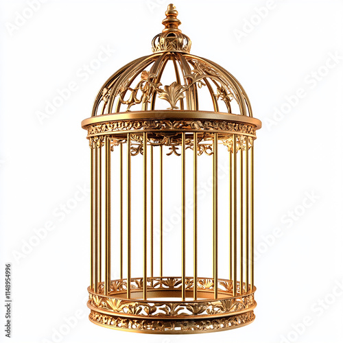 Ornate Birdcage with Golden Bars - Isolated on a White Background