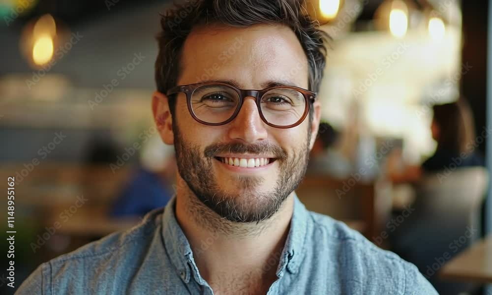 Portrait of a smiling man with glasses in a cafe setting Portrait of a smiling man with glasses in a cafe setting