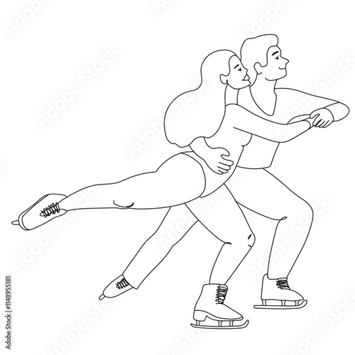 Outline Figure skating couple in elegant synchronized motion, showcasing balance and artistry on ice vector illustration. The female skater is lifted slightly as they glide together.