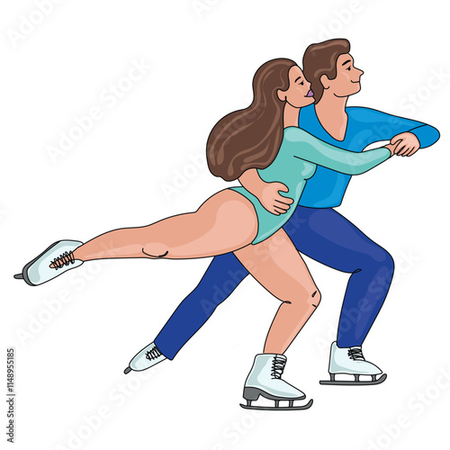 Figure skating couple in elegant synchronized motion, wearing blue outfits, showcasing balance and artistry on ice vector illustration. The female skater is lifted slightly as they glide together.