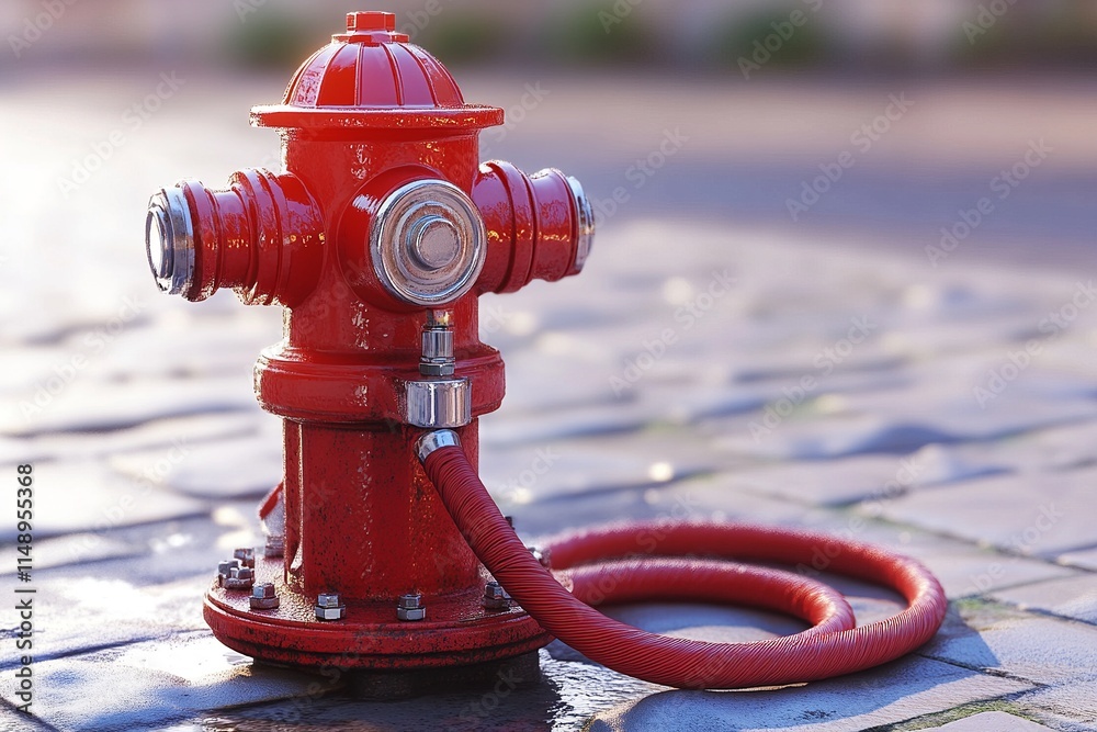A detailed 3D scene with a fire hydrant, coiled hose, and shiny nozzle for safety visuals A detailed 3D scene with a fire hydrant, coiled hose, and shiny nozzle for safety visuals