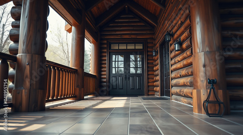 Log Cabin Porch with Double Doors and Wooden Railing
