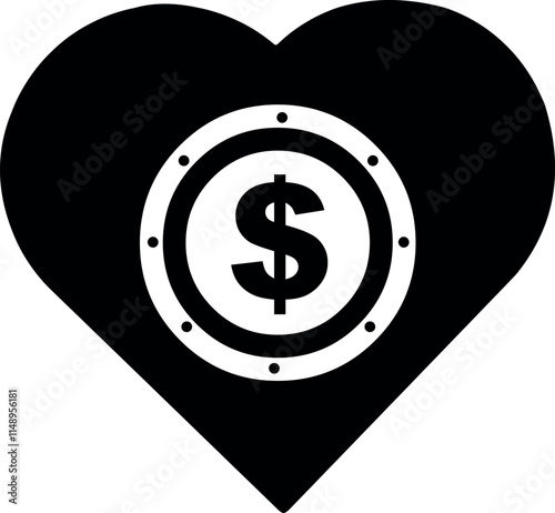 vector illustration black and white icon heart and coin with the dollar sign, in donation concept