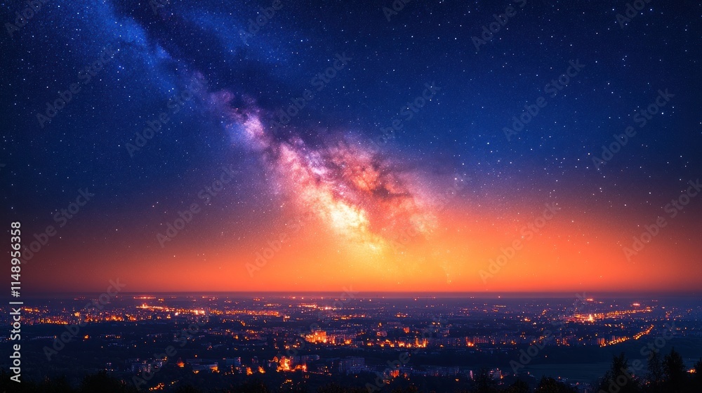 Fototapeta premium A stunning view of the Milky Way over a cityscape at twilight.