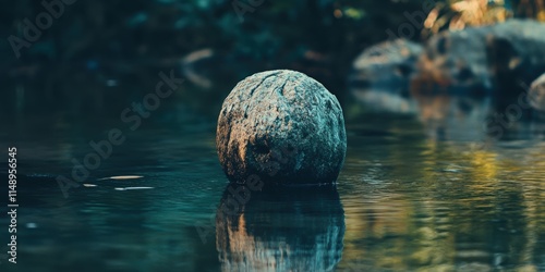 A solitary round stone rests partially submerged in the serene waters of a tranquil forest stream, surrounded by reflections and soft natural light.