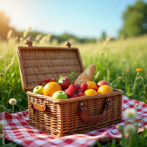 The image shows a picnic basket filled with fresh fruits on a red and white checkered blanket in a field. The basket is made of wicker and has a handle on the top for easy carrying. photo