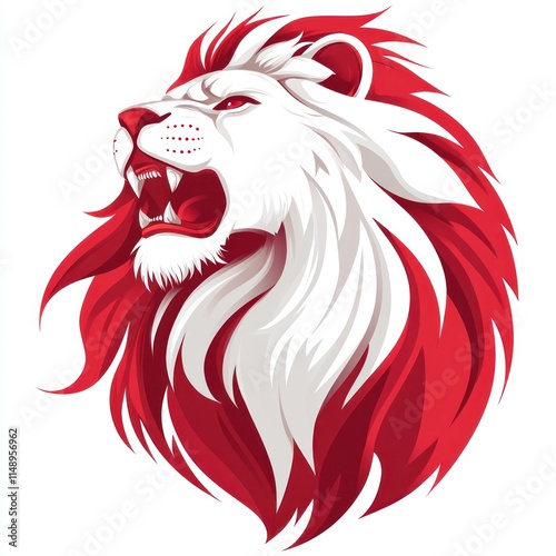 A stylized illustration of a roaring lion's head with red and white colors. photo