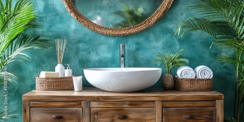 A beautifully designed modern bathroom features a stylish round mirror, potted plants, and rustic wooden furnishings, creating a tranquil atmosphere.