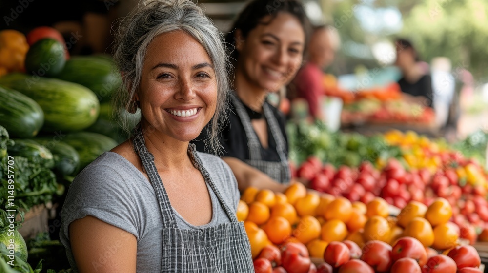 A cheerful vendor with a welcoming smile stands amidst a vibrant display of fresh vegetables at a bustling farmers market on a sunny day.