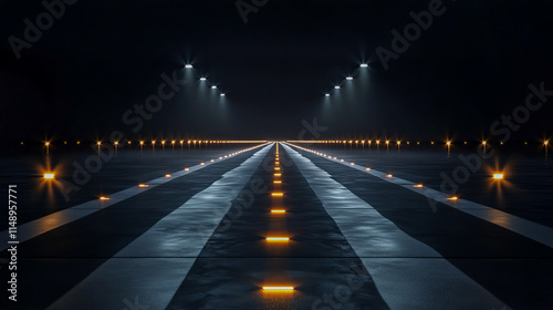 Illuminated runway at night with guiding lights and reflective surface