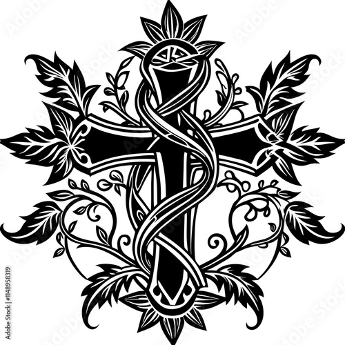 Ornate Cross with Vines and Leaves Illustration