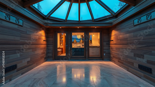 Interior sunroom with glass ceiling, wooden walls, and polished floor.  French doors lead to an adjacent brightly lit room.  Soft lighting creates a warm ambiance.