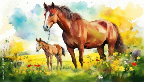 Horse in a pasture with a foal, watercolor painting artwork design