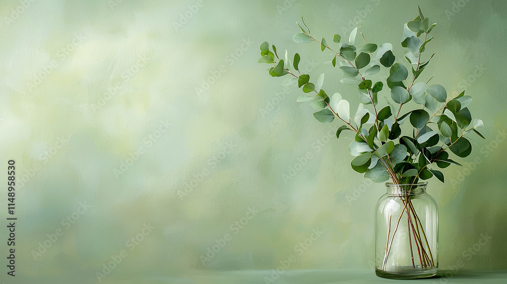 Fototapeta premium Fresh Eucalyptus Sprigs in Glass Vase with Soft Lighting