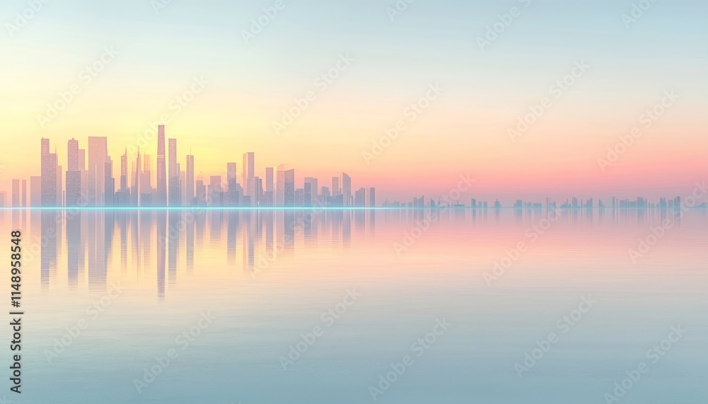 Fototapeta premium City Skyline Reflected in Calm Waters at Sunset