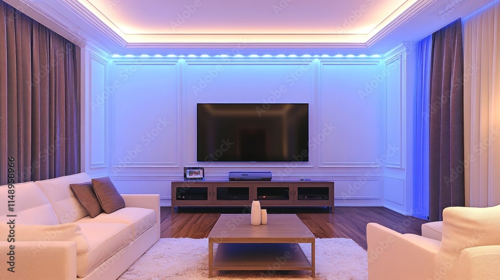 Fototapeta premium Modern living room with blue LED lighting.
