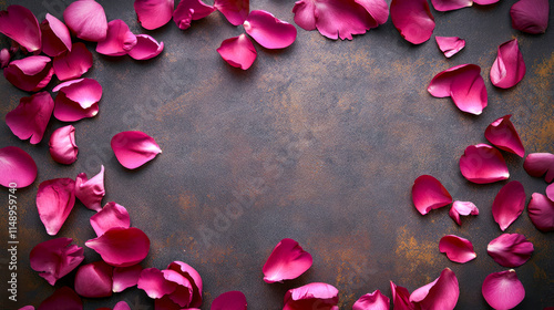 Red rose petals scattered on rustic surface background photo