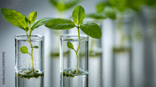 Green plant seedlings growing in test tubes for scientific research and biotechnology photo