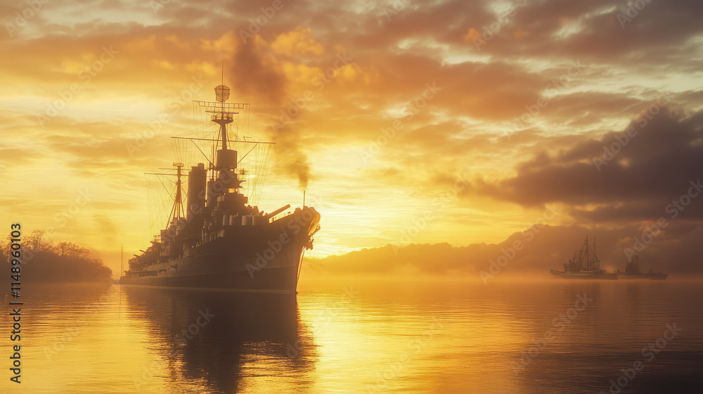 Majestic battleship at sunrise in a tranquil sea with dramatic sky and reflections Majestic battleship at sunrise in a tranquil sea with dramatic sky and reflections