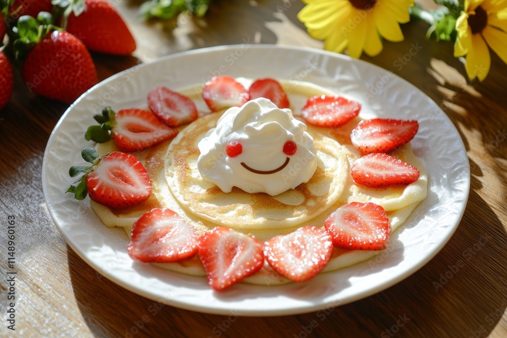 Adorable Strawberry Pancakes with Whipped Cream Adorable Strawberry Pancakes with Whipped Cream