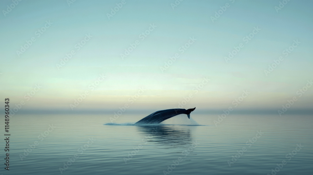 Fototapeta premium Whale tail emerging from ocean at sunset with tranquil horizon