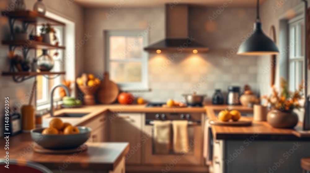 Realistic 3D Render of a Modern Kitchen with Warm Autumnal Colors and Cozy Bokeh Effect.