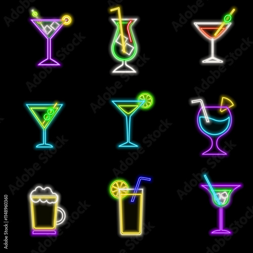 Neon cocktails bar sign. Karaoke night club logo with glasses of alcohol shake. Vector. Drinking canteen banner. Night club invitation. Two cocktail glasses in circle frame with text.