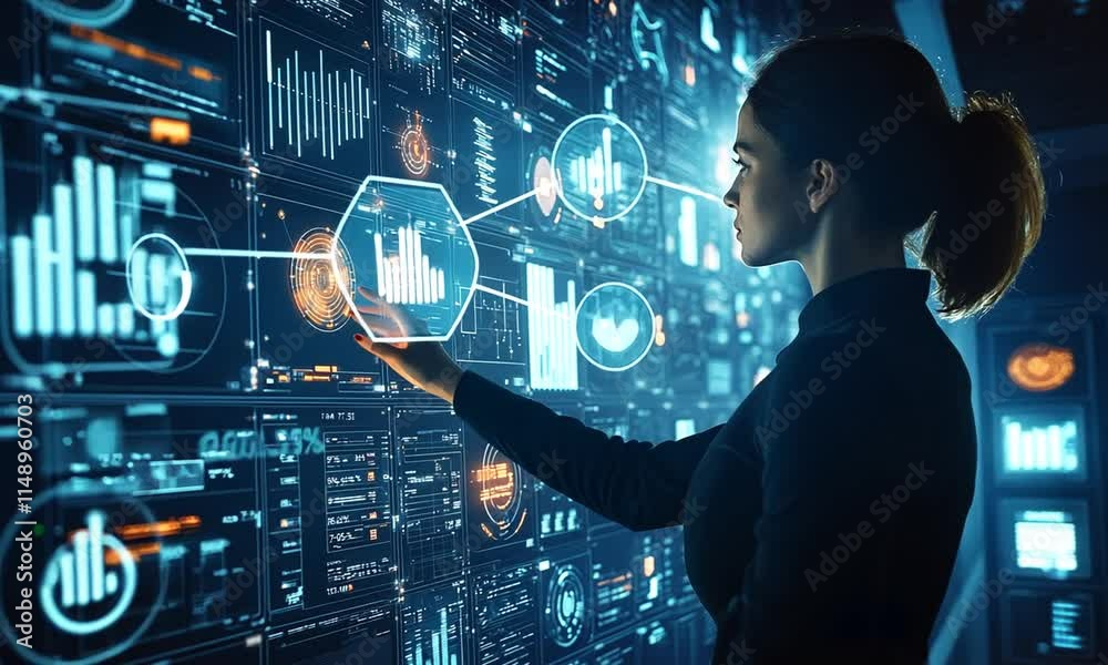 Woman Interacting with Futuristic Digital Interface