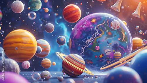 Fantasy alien planets for ui space game. Vector cartoon icons set of magic fantastic world, cosmic objects different colors with bubbles, holes and spirals. Cute planets and moons collection