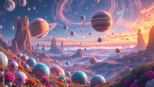 Fantasy alien planets for ui space game. Vector cartoon icons set of magic fantastic world, cosmic objects different colors with bubbles, holes and spirals. Cute planets and moons collection