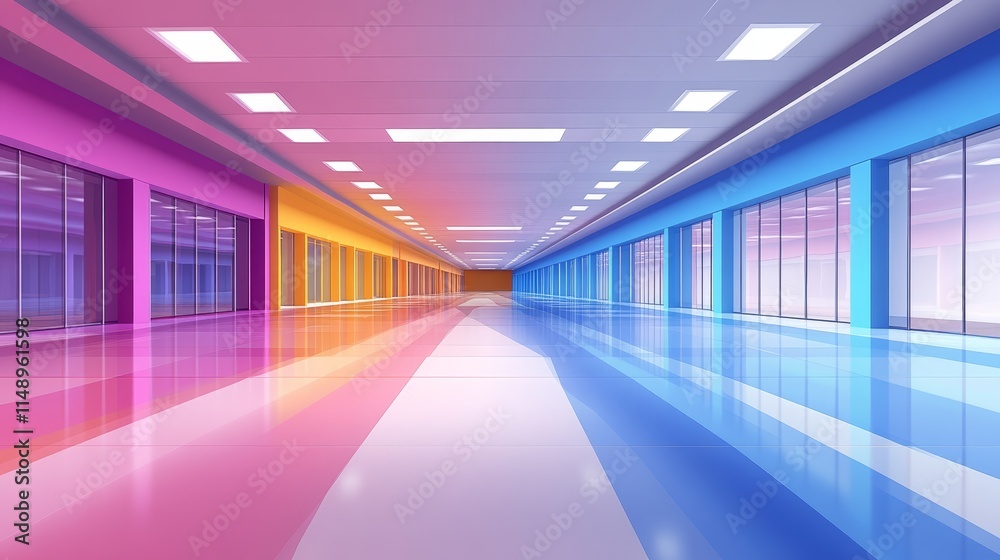 Fototapeta premium Vibrant, Colorful Shopping Mall Corridor, Representing Energy and Commerce With Defocused Elements