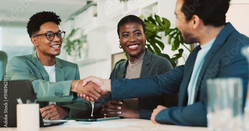 Business, people and handshake with agreement in office for b2b upsell opportunity and contract negotiation success. Internal collaboration, account manager and shaking hands for company partnership photo