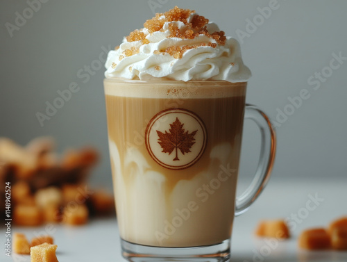 Delicious butterscotch latte with visible layers, topped with whipped cream and brown sugar