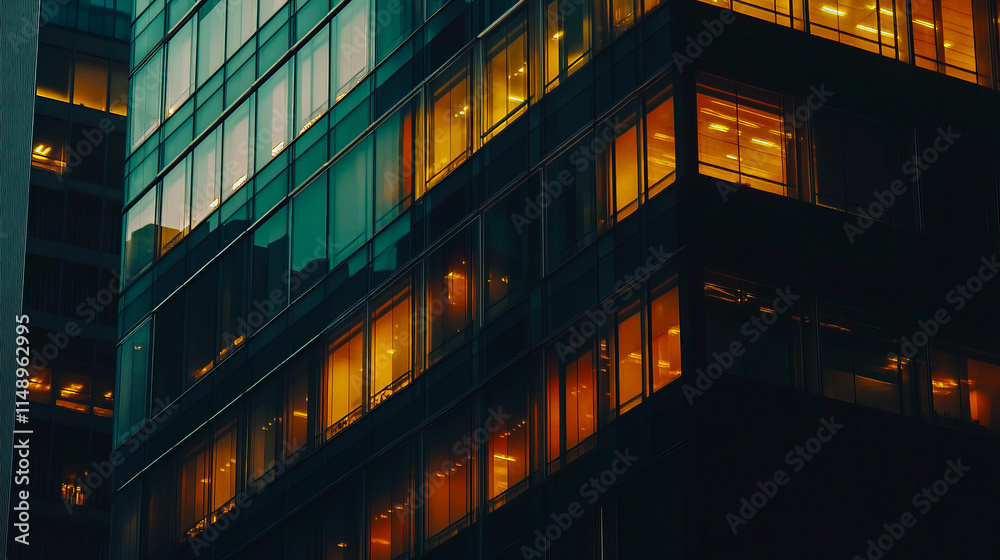 Evening glow in urban high-rise with illuminated windows Evening glow in urban high-rise with illuminated windows