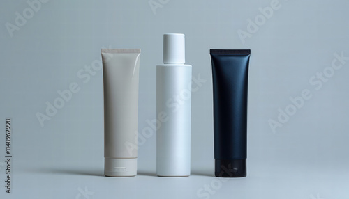 Two cosmetic tubes and one lotion bottle in beige, white, and black color stand in a row against a light gray background, minimalist product packaging display