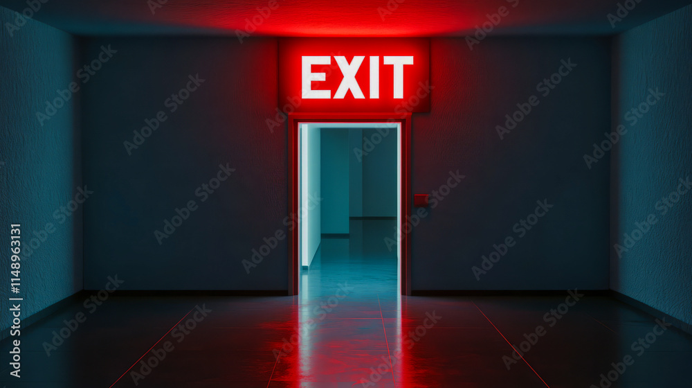 Red exit sign illuminating a dark hallway with open door Red exit sign illuminating a dark hallway with open door