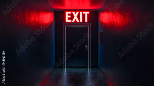 Dark hallway with illuminated exit sign casting red glow photo