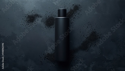 A dark, moody image showcasing a black cylindrical bottle on a textured black surface with dark liquid splashes photo