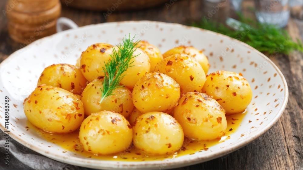 New potatoes glazed with butter and garnished with chopped dill, in a ceramic plate, served on a wooden table in a rustic style. New potatoes glazed with butter and garnished with chopped dill, in a ceramic plate, served on a wooden table in a rustic style.
