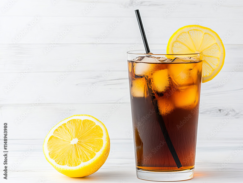 Tall glass filled with layered Long Island iced tea, garnished with a lemon wedge and straw Tall glass filled with layered Long Island iced tea, garnished with a lemon wedge and straw