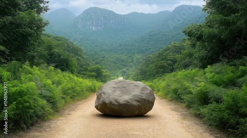 Huge boulder blocks narrow path amidst rich green vegetation. Nature scene emotional obstacles in healing journey. Path represents progress. Boulder signifies challenge to overcome. Setting evokes