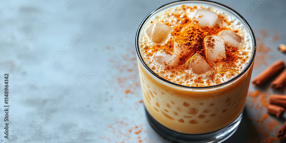 Chilled horchata with ice and cinnamon enhances the minimalist composition Chilled horchata with ice and cinnamon enhances the minimalist composition