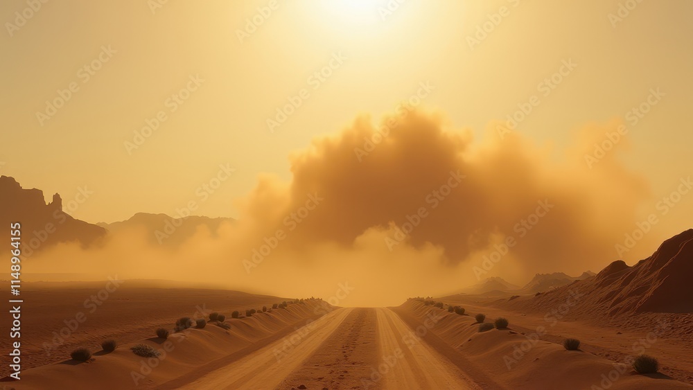 Obraz premium Straight Desert Road Under Smoke-Laden Atmospheric Conditions at Sunset