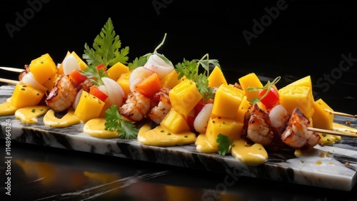 Shish kebab of shrimp and mango strung on a skewer, served on a platter of black marble. The shish kebab is drizzled with mango sauce Ber Blanc. The dish is decorated with pineapple and mango cubes. photo