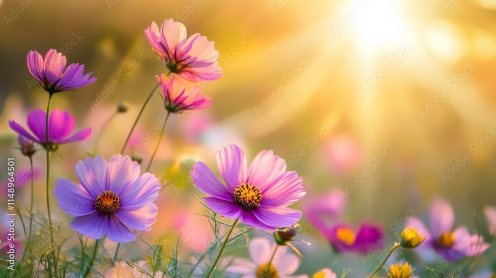 Beautiful Pink Cosmos Flowers Illuminated by Soft Sunrise Light Beautiful Pink Cosmos Flowers Illuminated by Soft Sunrise Light