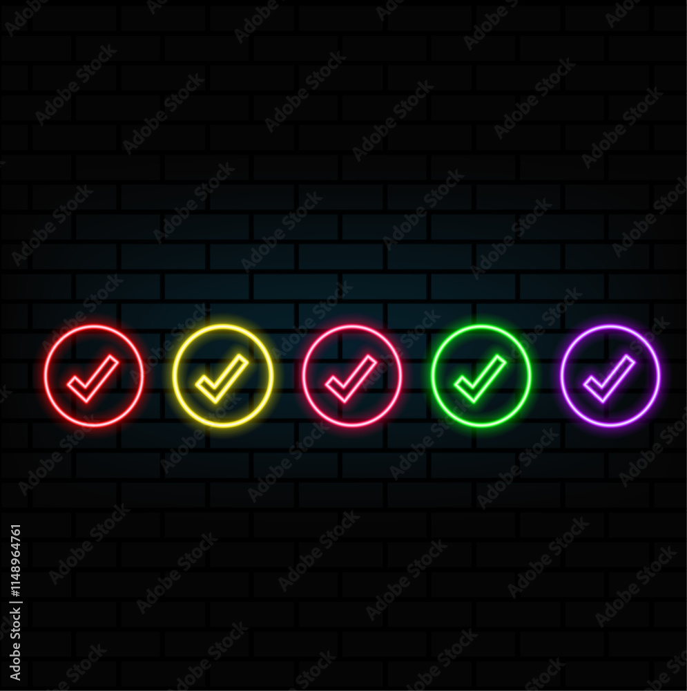 3d rendering UI Check Mark in circle icon with neon light isolated in black background