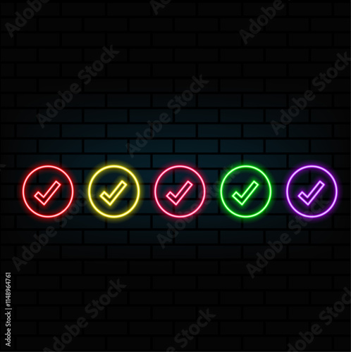 3d rendering UI Check Mark in circle icon with neon light isolated in black background